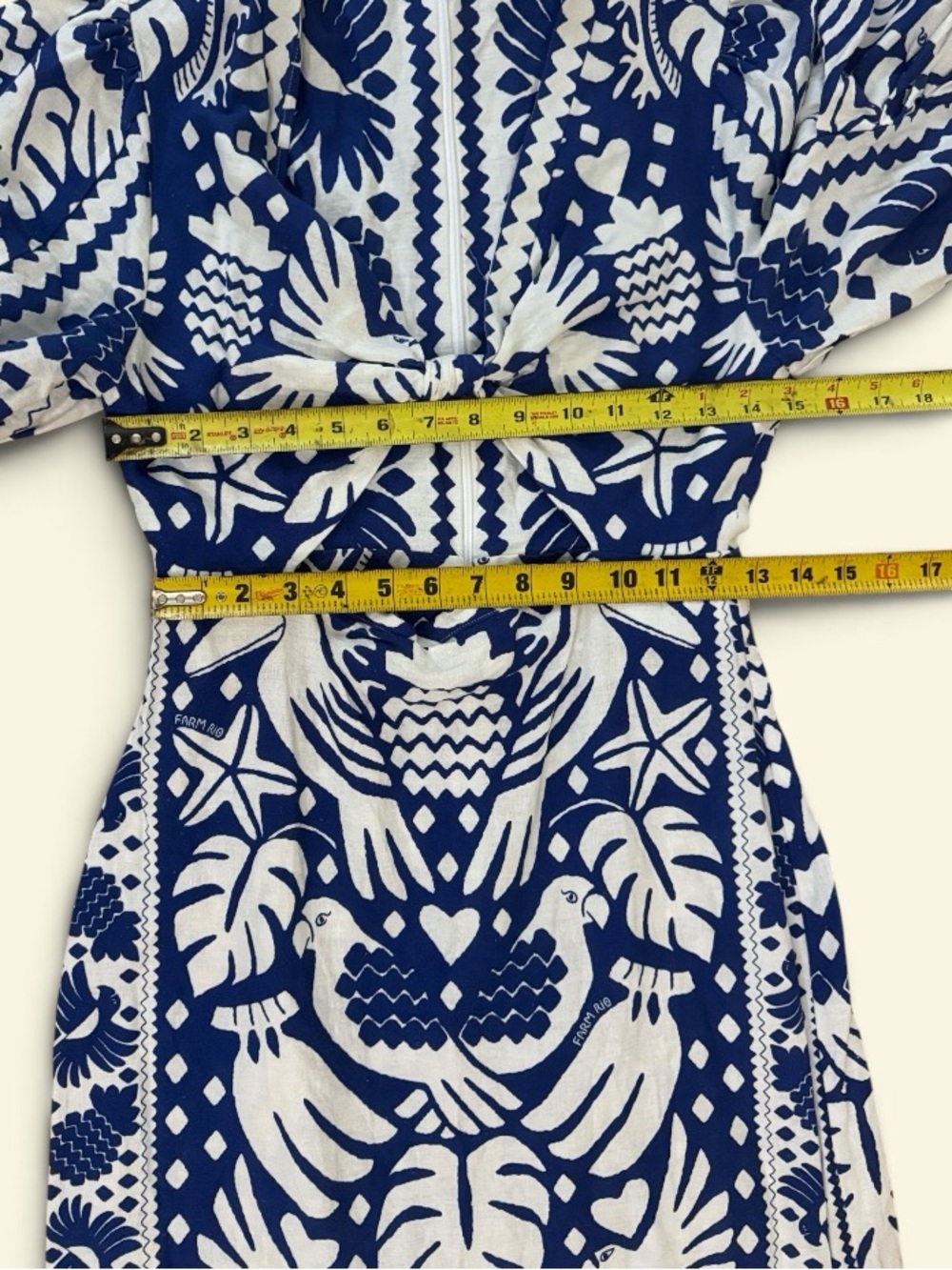 Farm Rio Jungle Scarf Puff Sleeve Cutout Linen Blend Dress In Navy Blue Size S - Picture 16 of 16